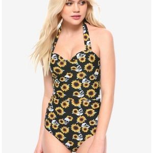 Hot Topic Sunflowers & Skulls Halter Swimsuit size S Small